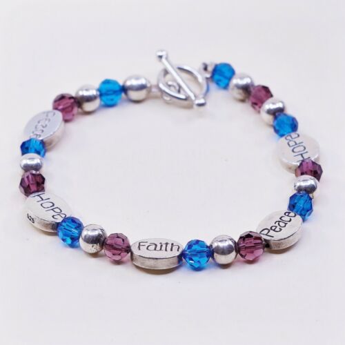 7.25” Vtg Sterling Silver Handmade Bracelet, 925 Peace Hope Faith W/ Blue Beads