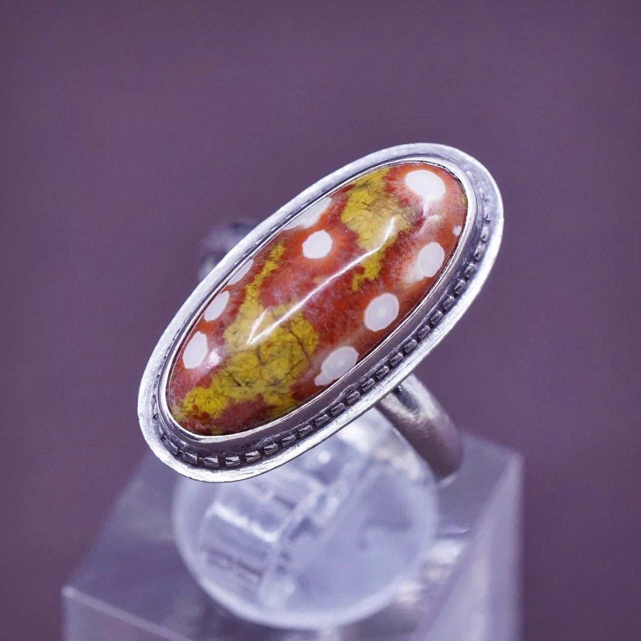 Size 6.5, vintage Sterling 925 silver handmade ring w/ Dalmatian jasper
