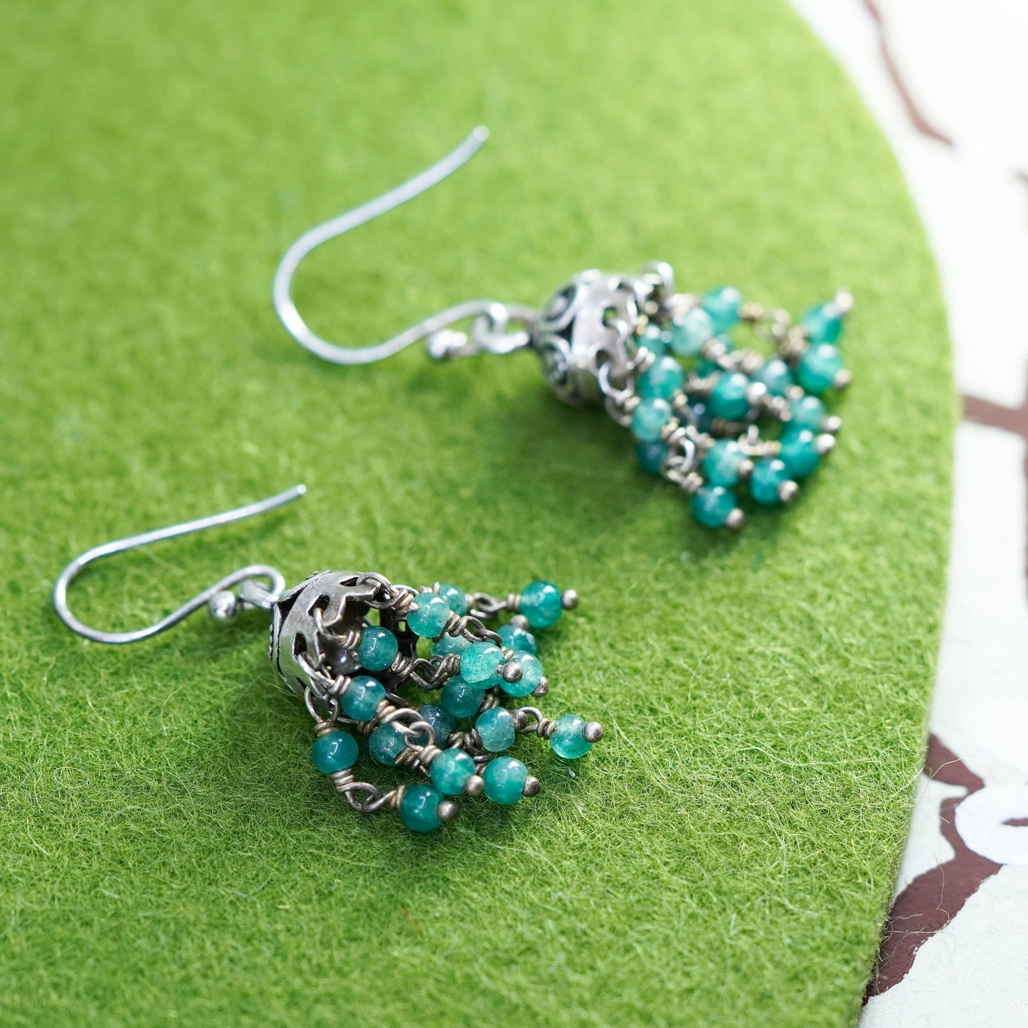 Vintage Sterling 925 silver handmade earrings with cluster jade beads