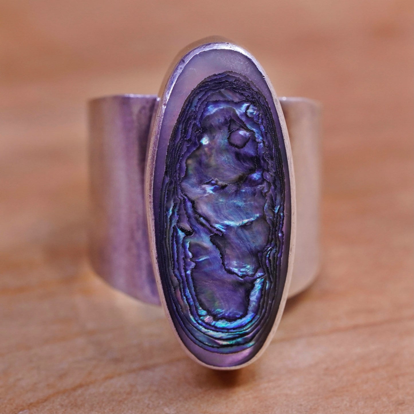 Size 8.75, vintage sterling silver handmade ring, 925 band with abalone