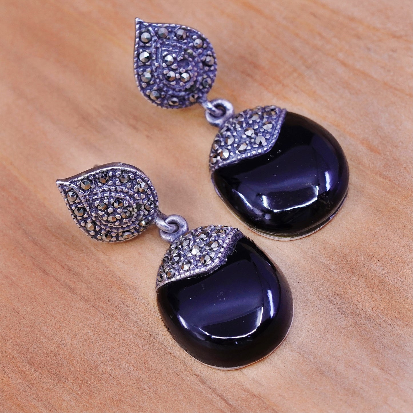 mexico Sterling 925 silver clip on earrings, obsidian dangles w/ Marcasite