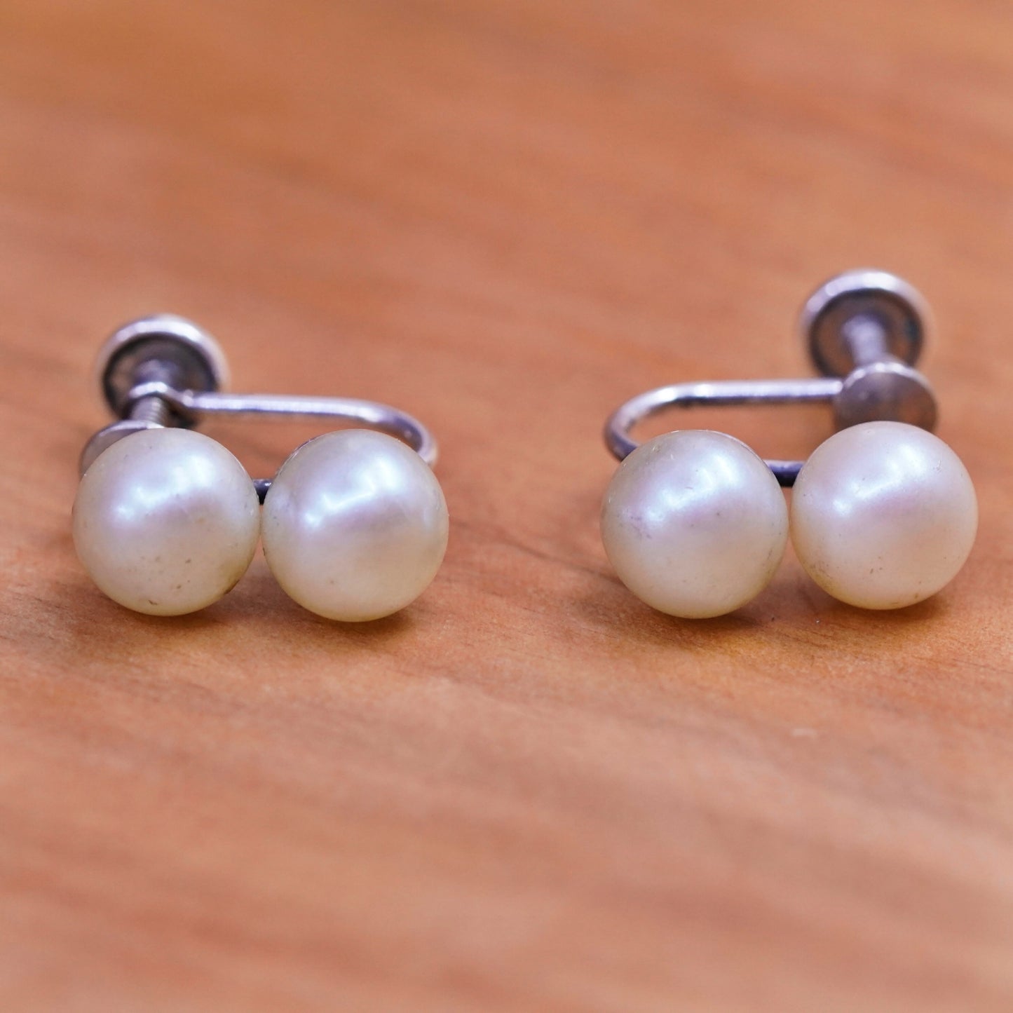 vtg Richelieu Sterling silver screw back handmade earrings, 925 pearl dangles