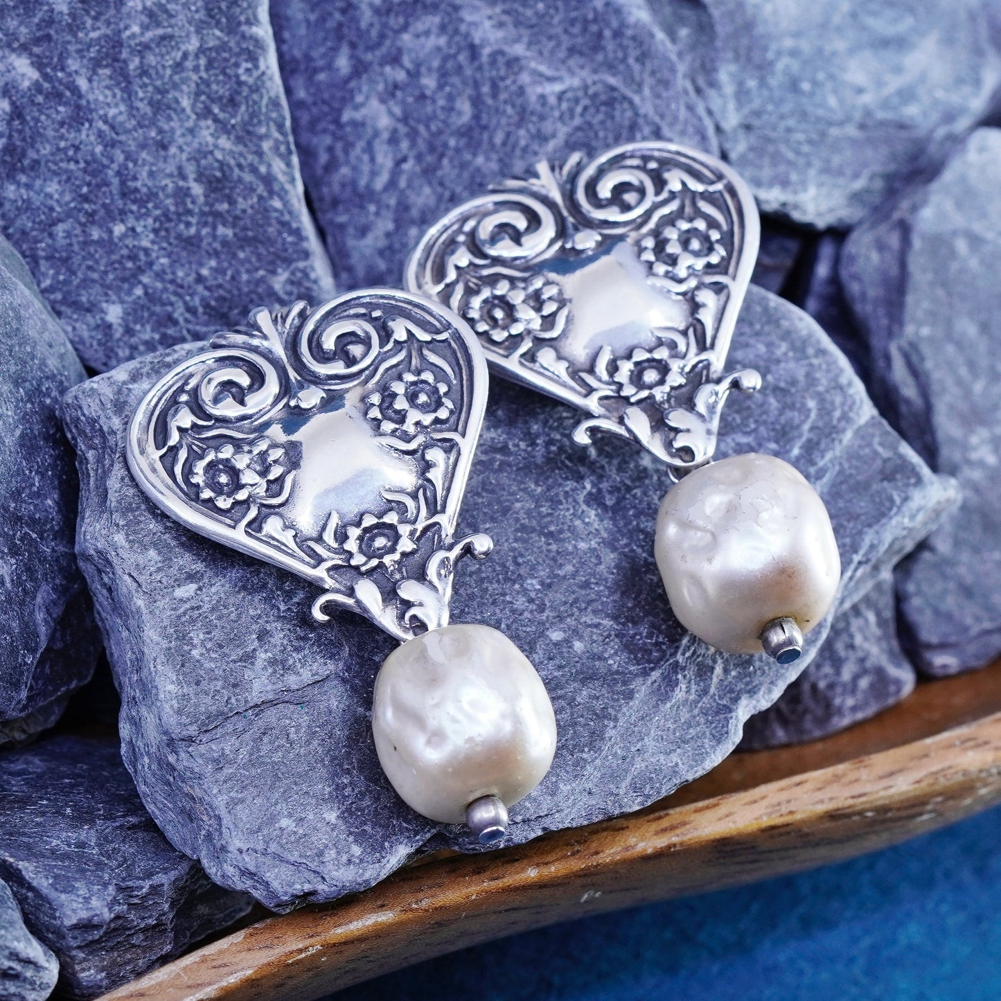 Antique T Foree sterling silver earrings, 925 clip on textured heart pearl