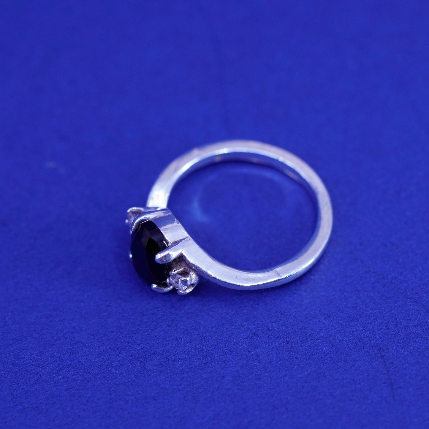 Size 4.75, vintage Sterling 925 silver handmade ring with sapphire and cz