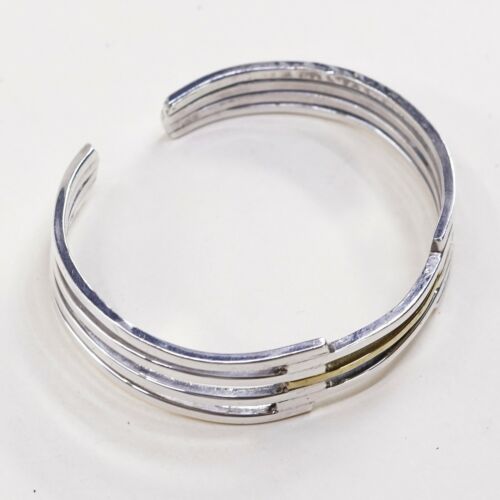 6.25”, Vtg Two Tone Sterling Silver Handmade wide Cuff, Meixco 925 Bracelet