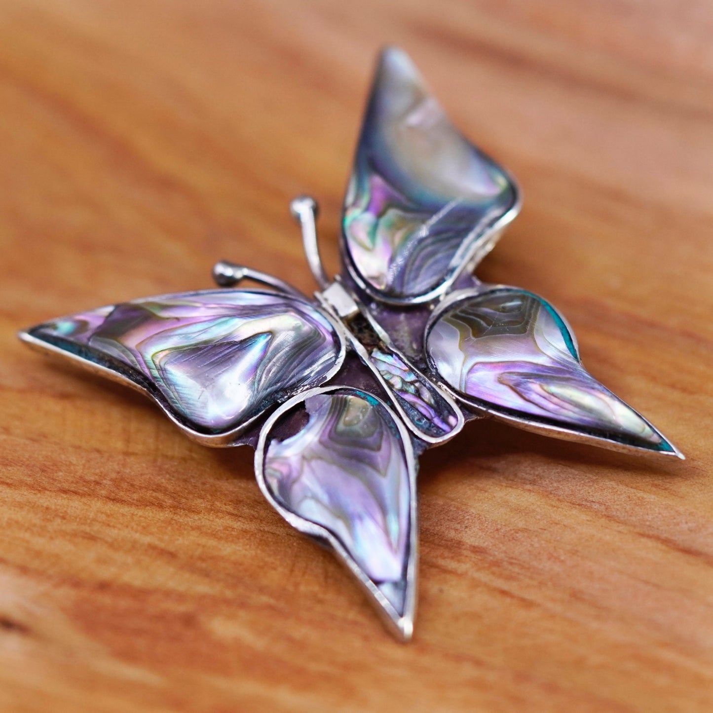 Vintage antique Mexico alpaca silver butterfly brooch with abalone inlay