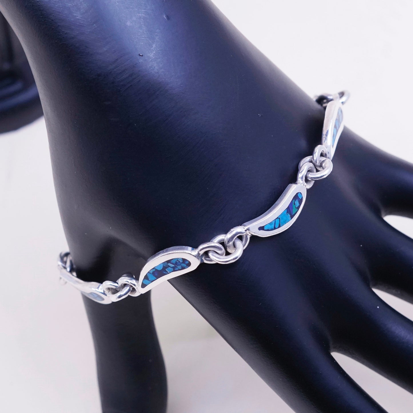 7.75”, mexico hecho en Sterling silver bracelet, 925 teardrop link w/ turquoise