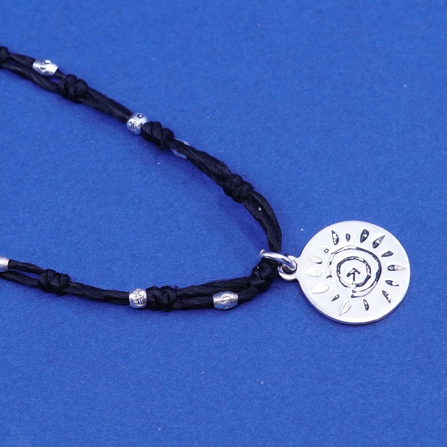 24”, vintage Sterling silver handmade necklace, black chain with sun pendant