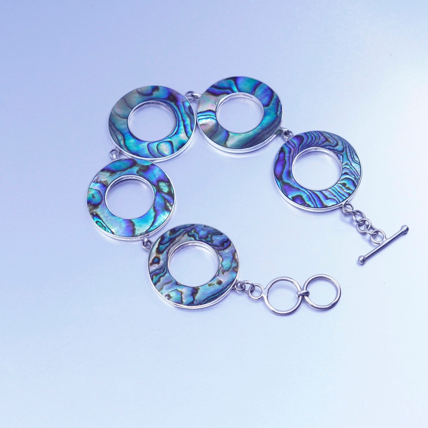 7.5”, Italy Sterling 925 silver handmade bracelet, modern abalone circle chain