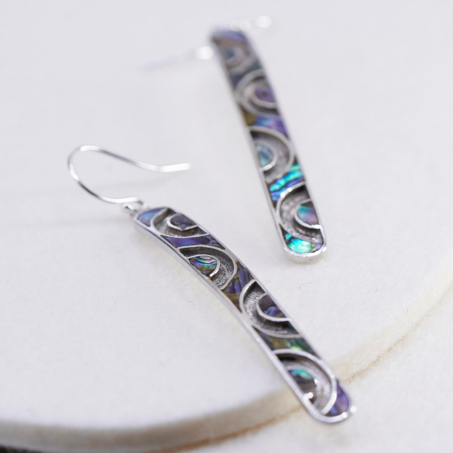 Vintage designer Sterling 925 silver handmade long earrings with abalone