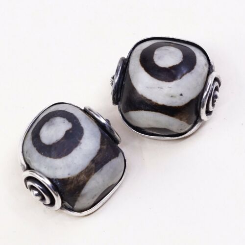 Avio Sterling Silver Handmade Earrings, Mexico Clip On W/ Black N White Tree Nut
