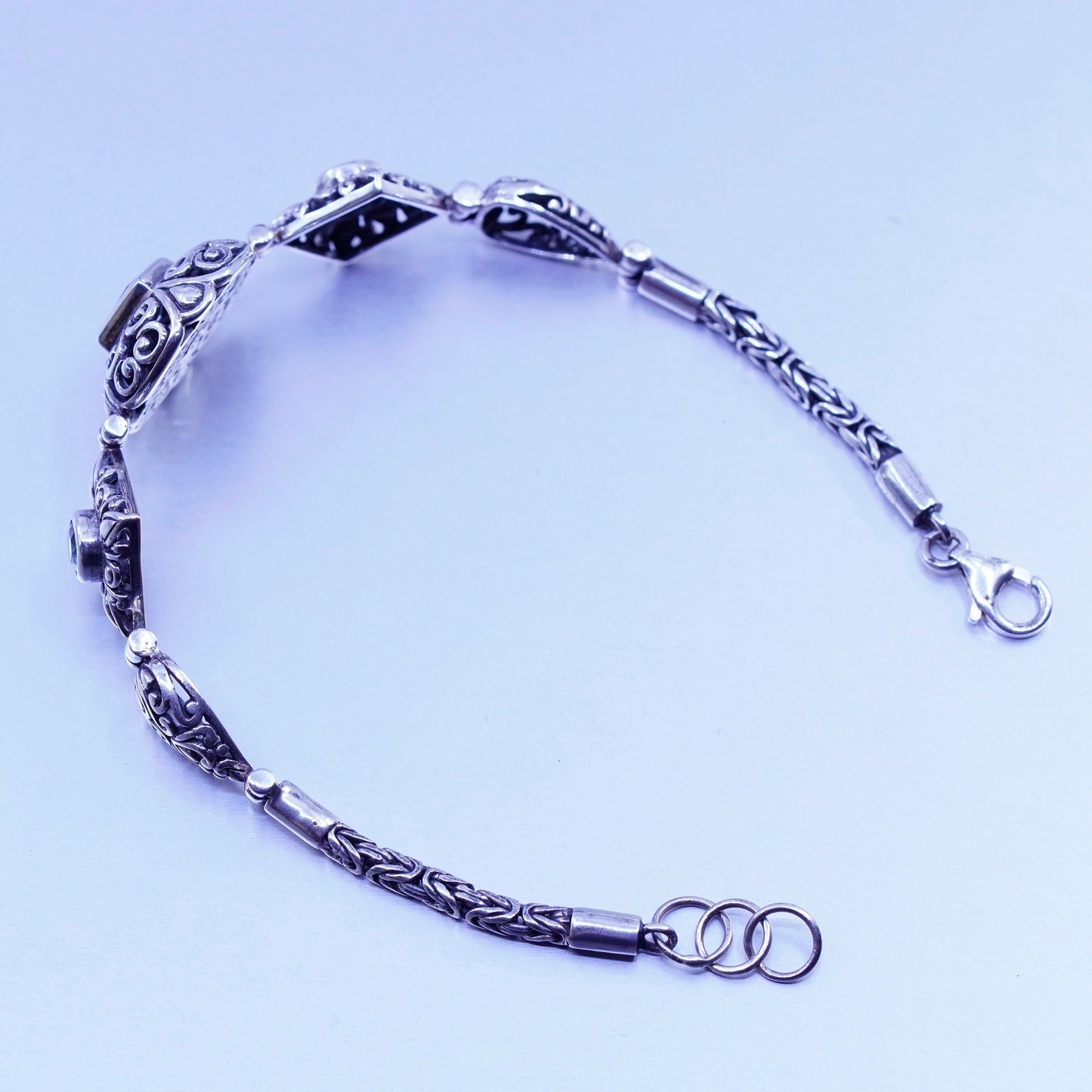 7.25”, Vintage NF Sterling 925 silver handmade bracelet, Bali chain with topaz