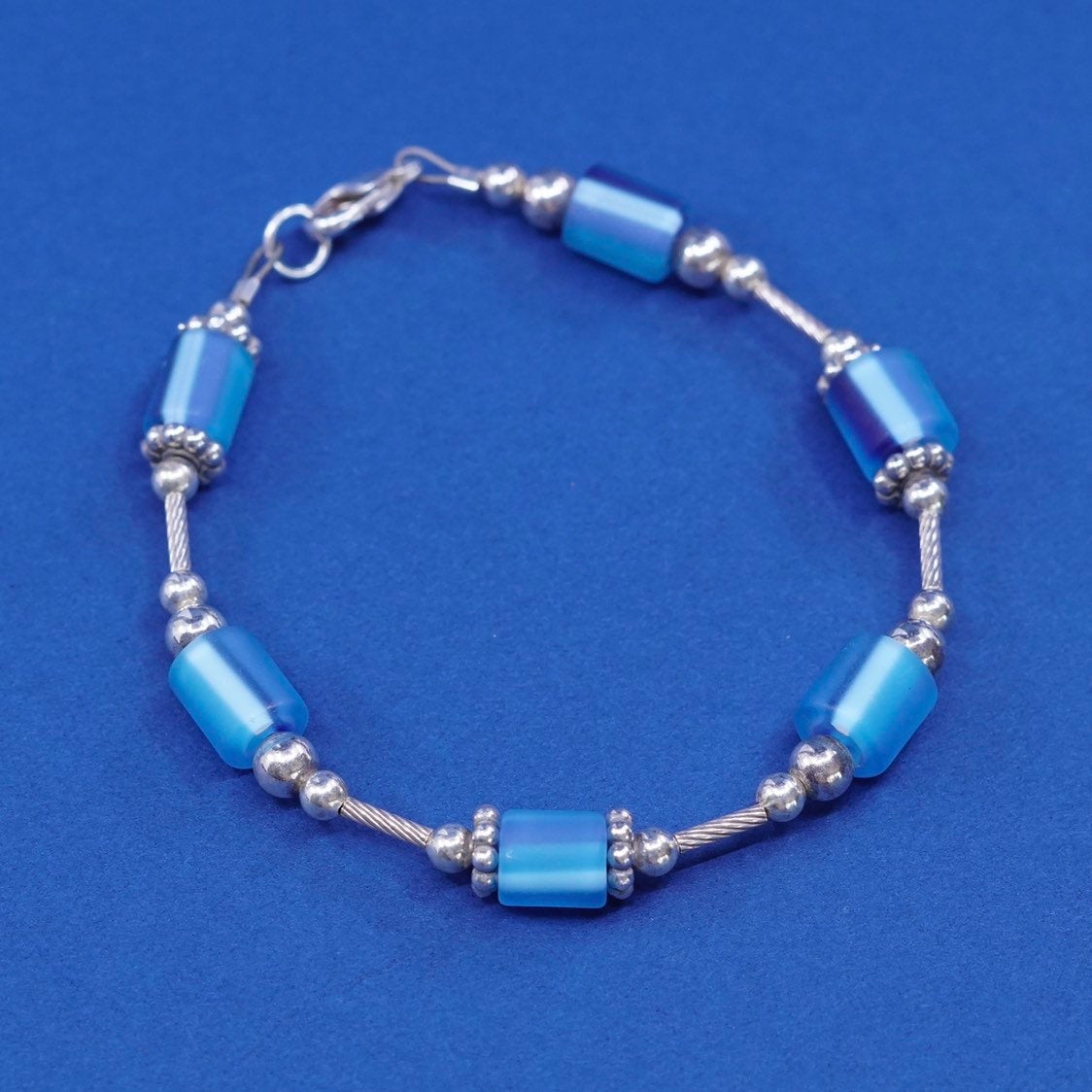 7", vtg handmade sterling silver bracelet, 925 toggle closure w/ glass beads