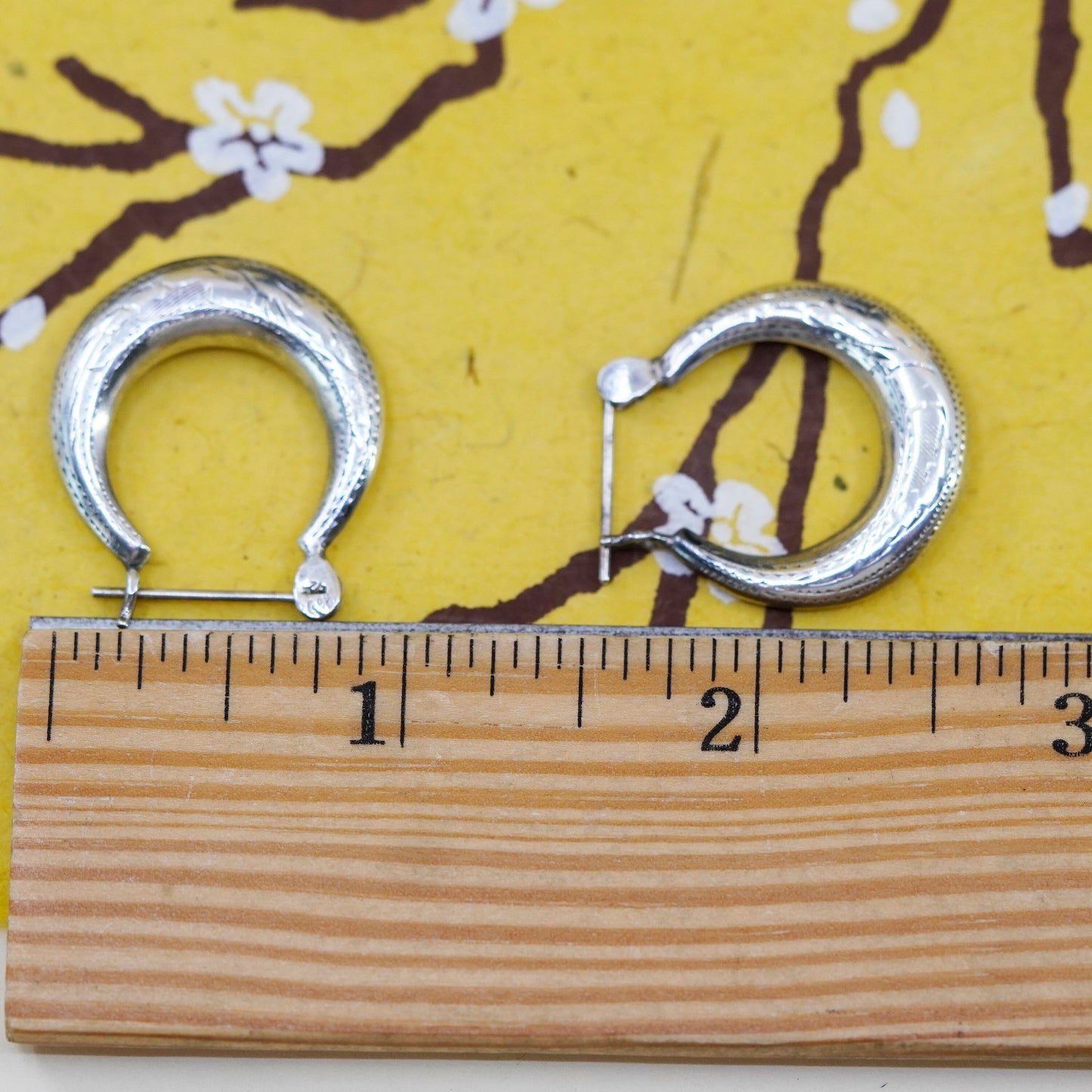 1”, Vintage Sterling silver handmade earrings, 925 textured hoops
