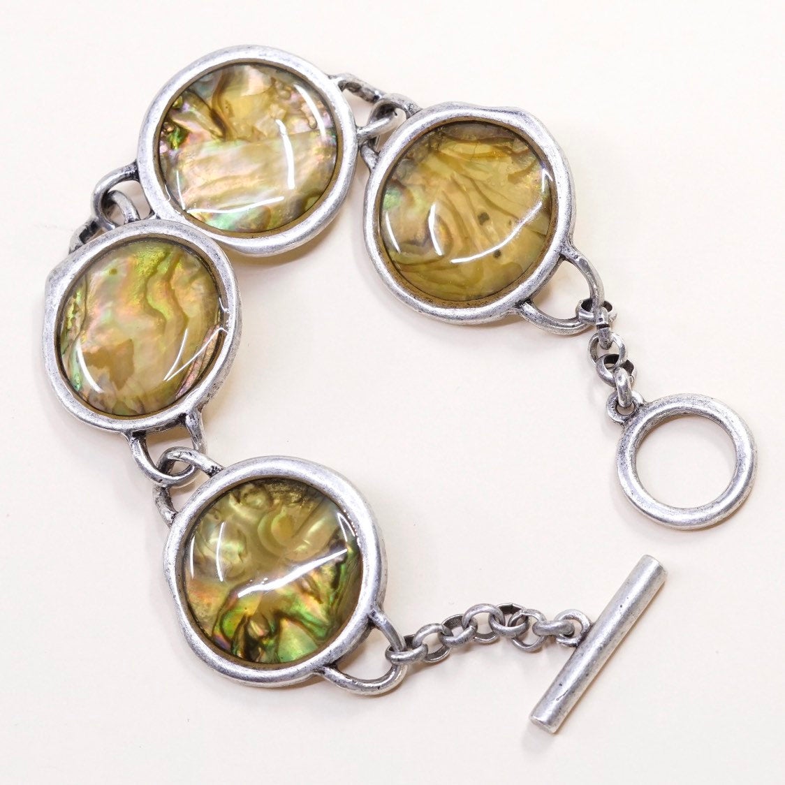 6.75”, VTG sterling silver handmade bracelet, 925 toggle closure w/ abalone