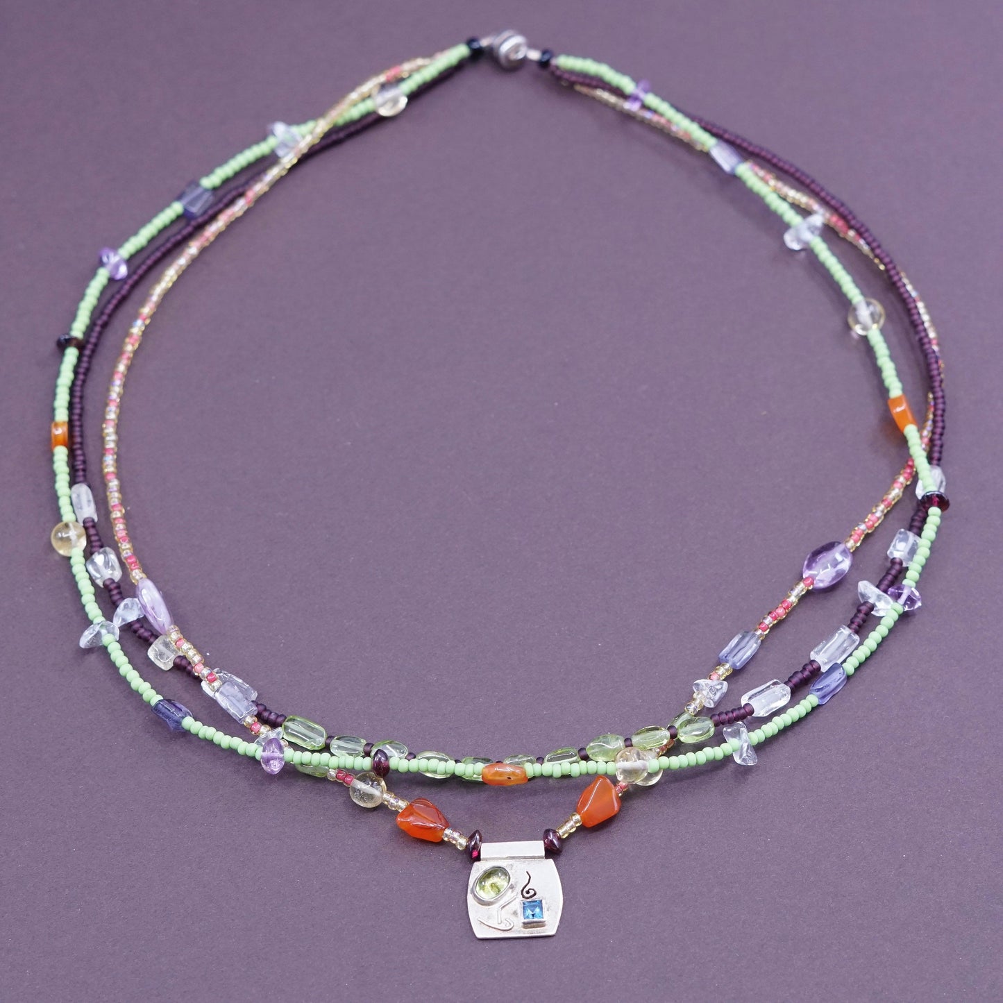 16”, Southwestern sterling 925 silver multi strands necklace carnelian amethyst