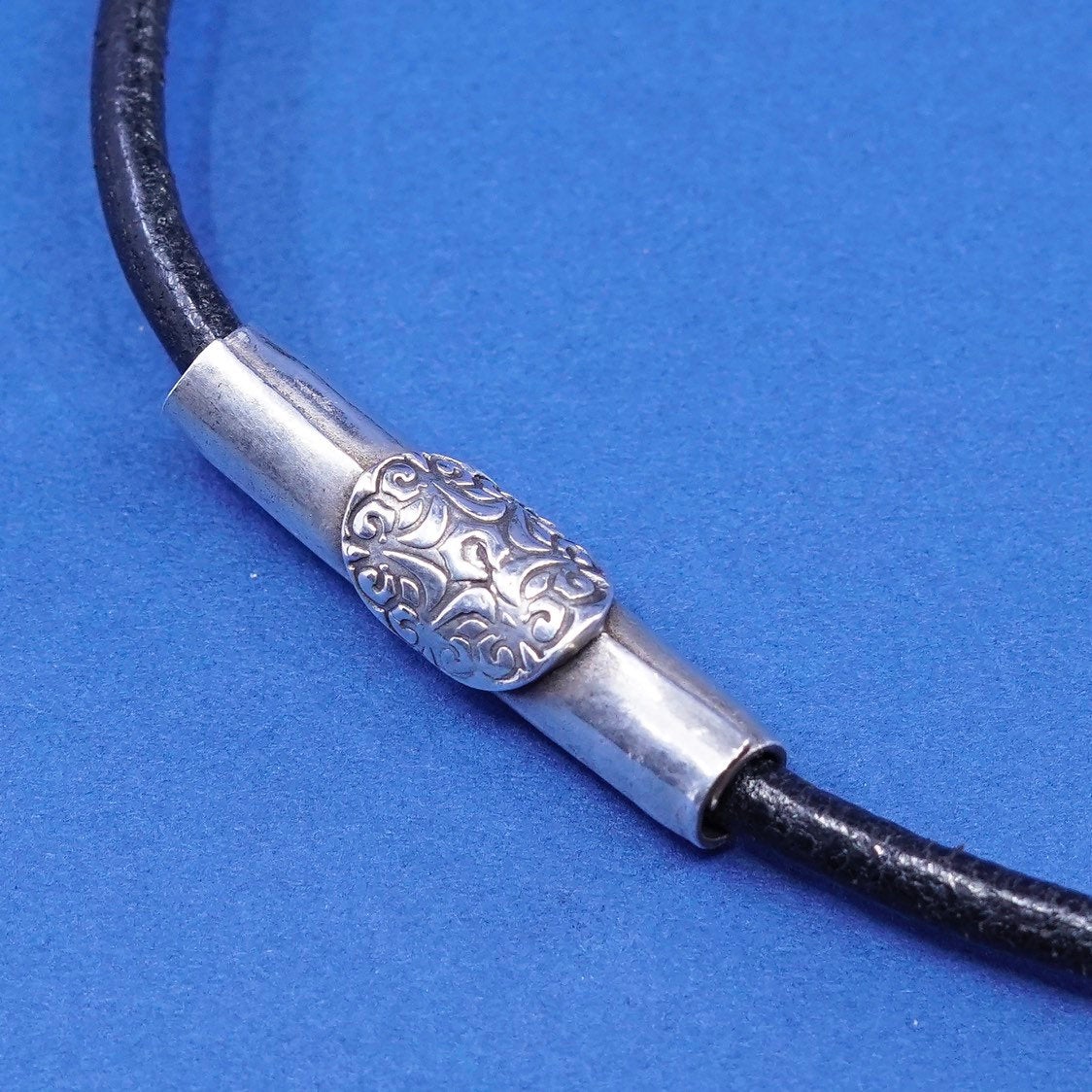 17” sterling 925 Silver necklace, Black Leather chain w/ 925 slide tube pendant