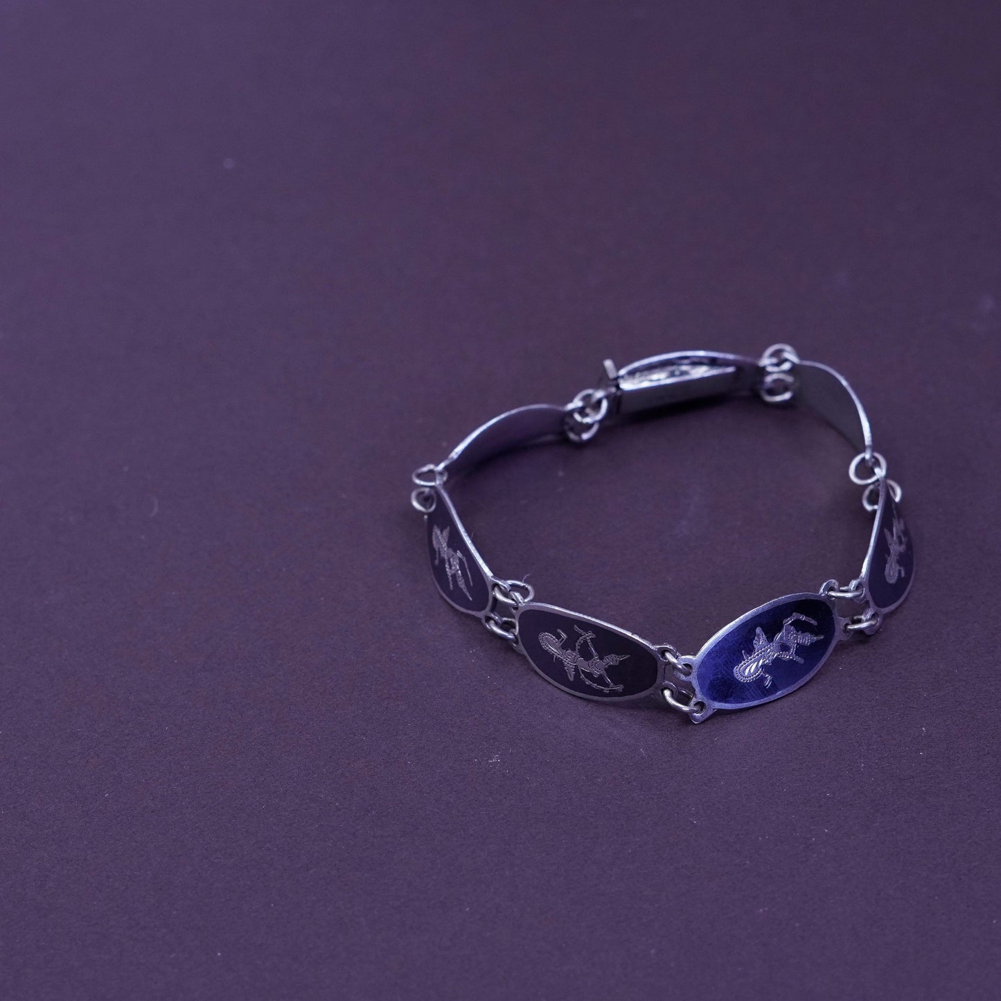 6.5”, Indian Siam Sterling silver, 925 niello music goddesses tennis bracelet