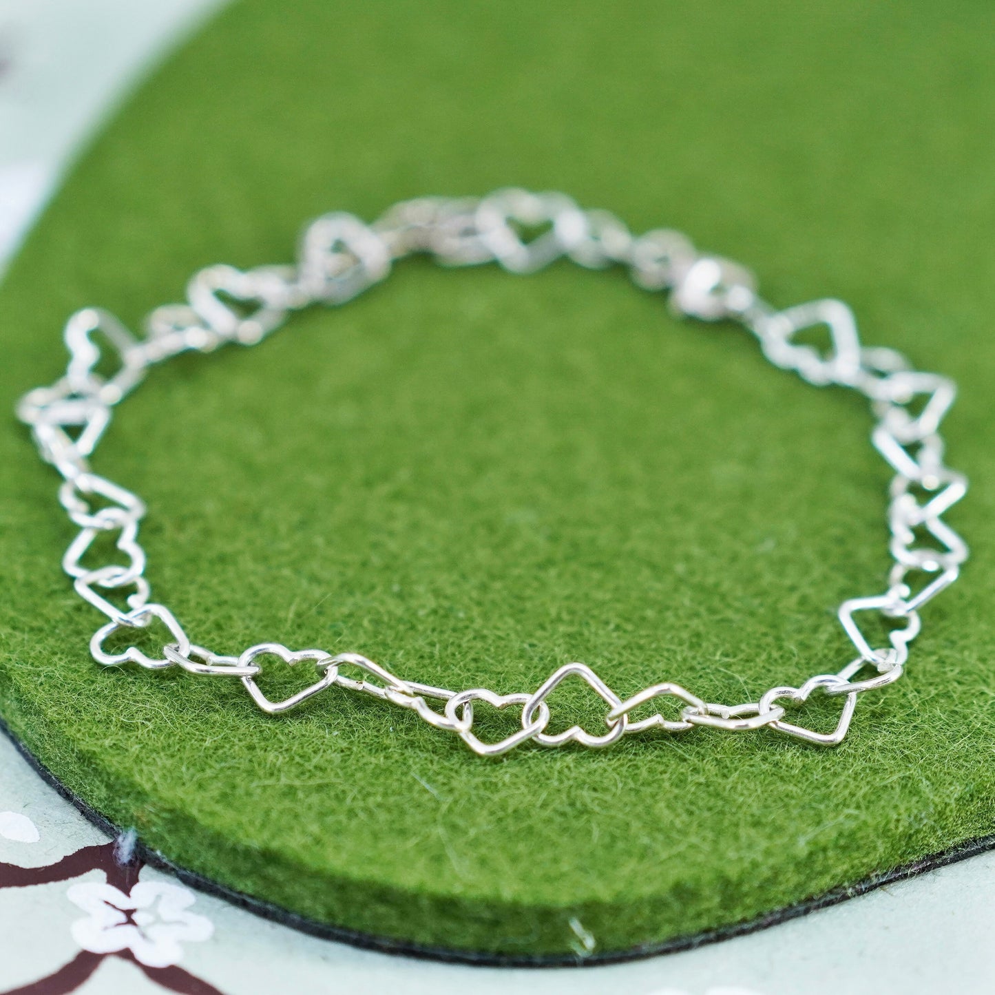 9”, Vintage Italy sterling silver handmade anklet bracelet, 925 heart chain
