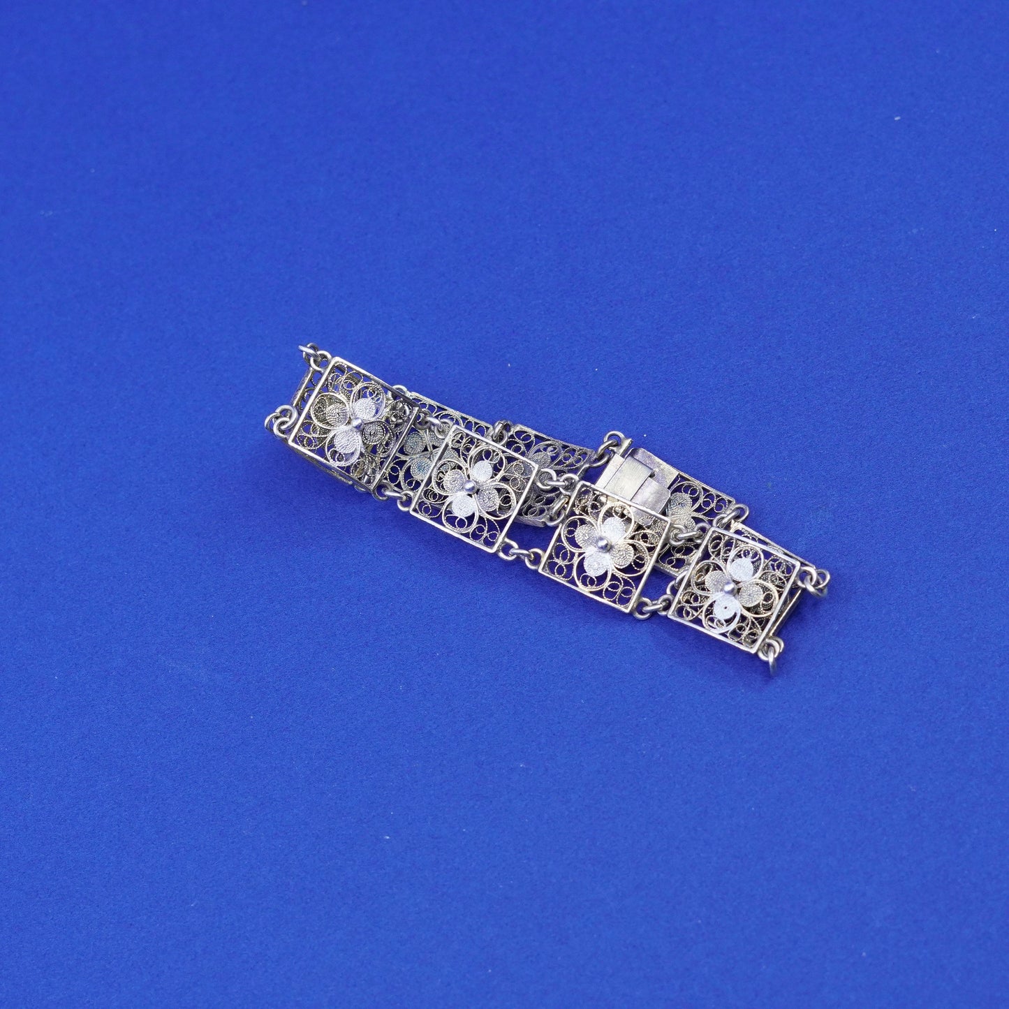 6.75”, vintage sterling silver handmade bracelet, 800 filigree flower bracelet