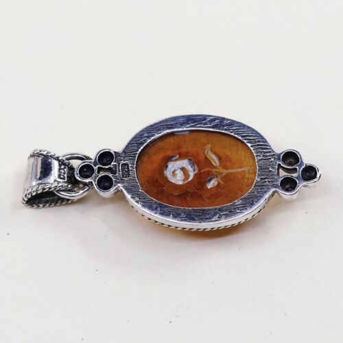 Vtg Sterling 925 Silver Handmade Beads Unique Amber Engraved Flower Pensant