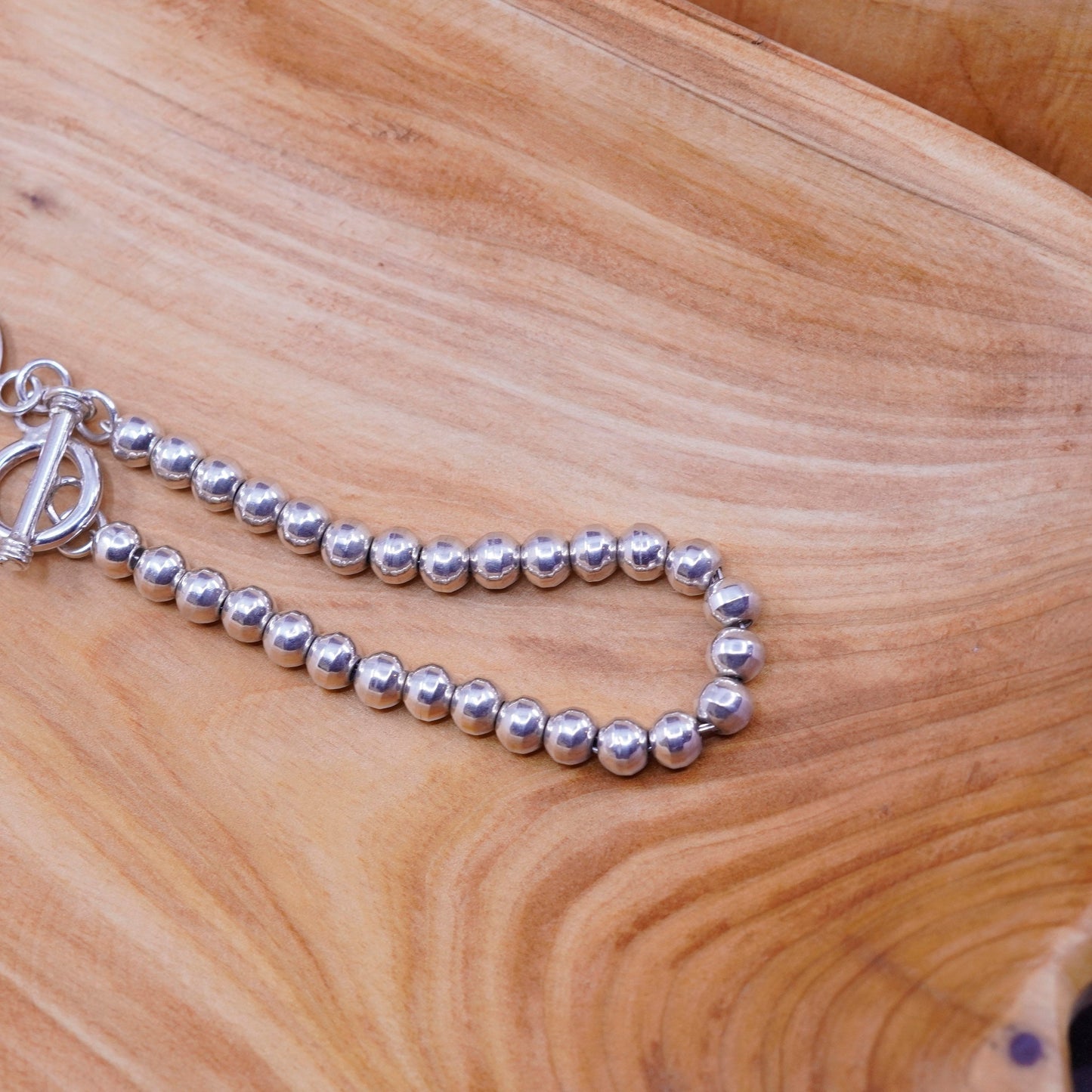 7”, Sterling 925 silver handmade beads bracelet round charm engraved initial “C