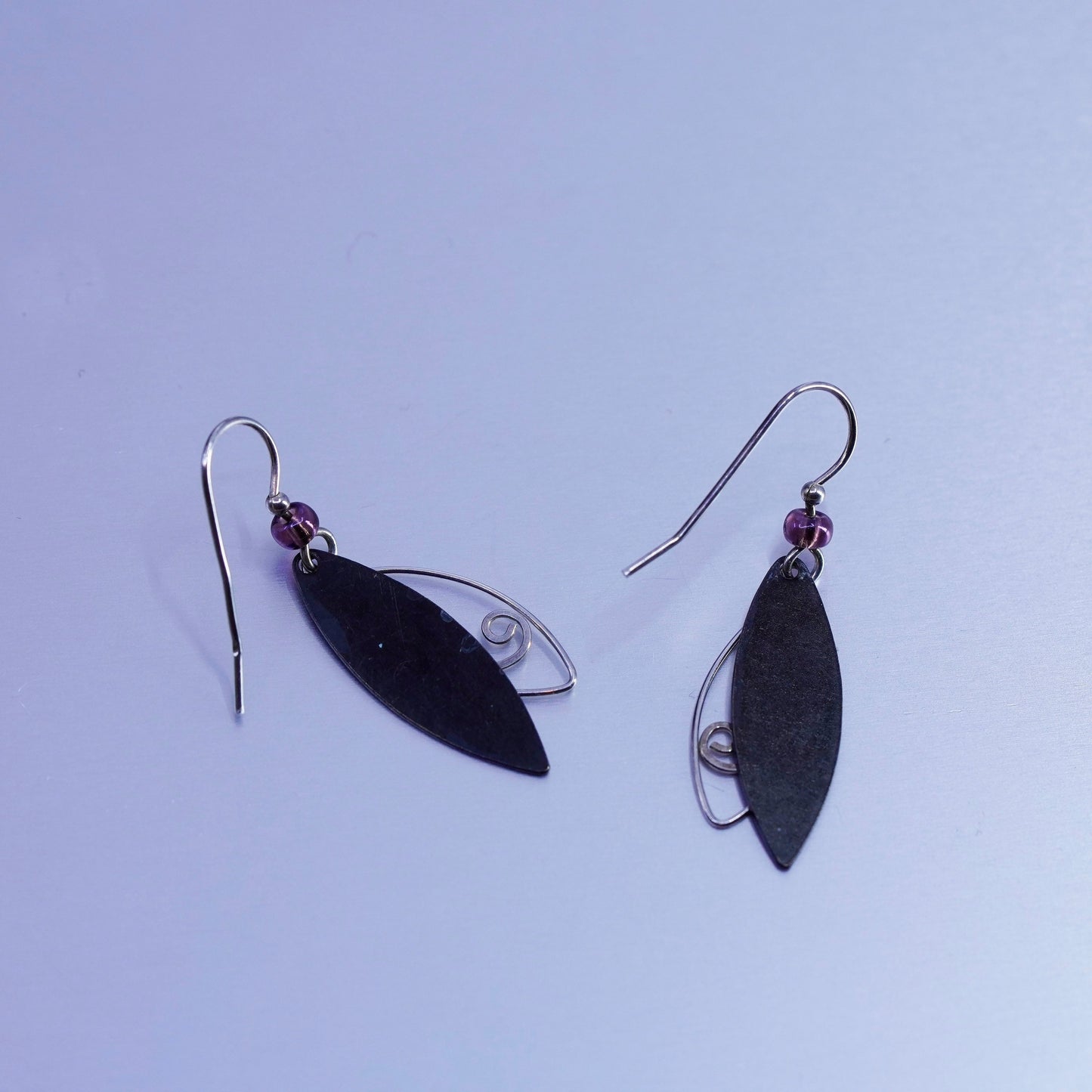 Vintage Sterling 925 silver handmade swirly earrings with purple stone