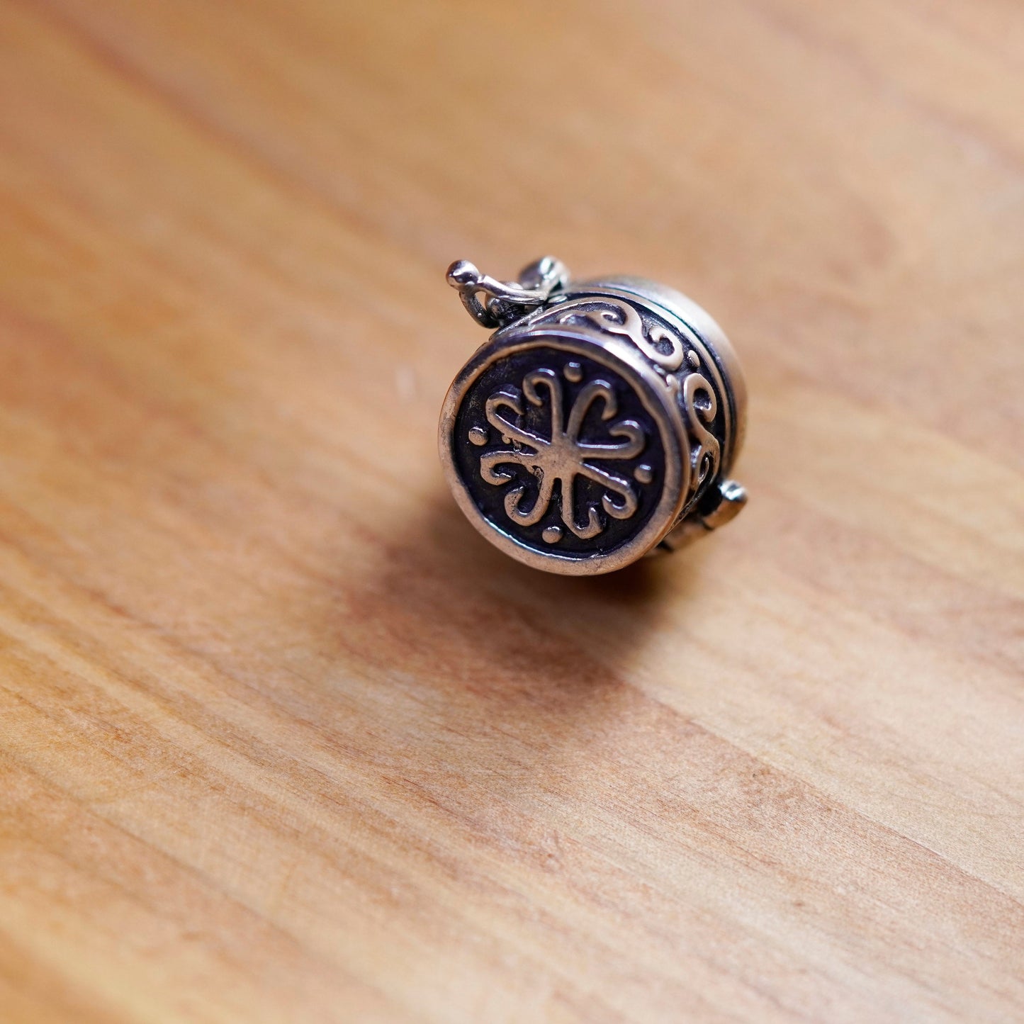 Vintage Sterling silver prayer box pendant, 925 handmade round locket charm