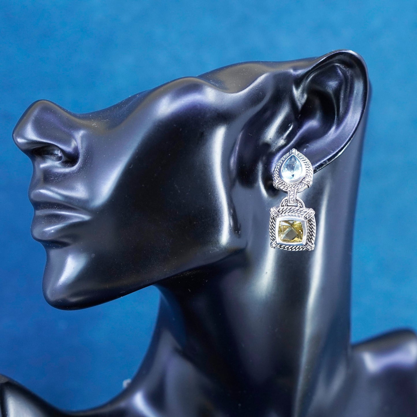 Vintage Sterling 925 silver handmade earrings with citrine and topaz and cable