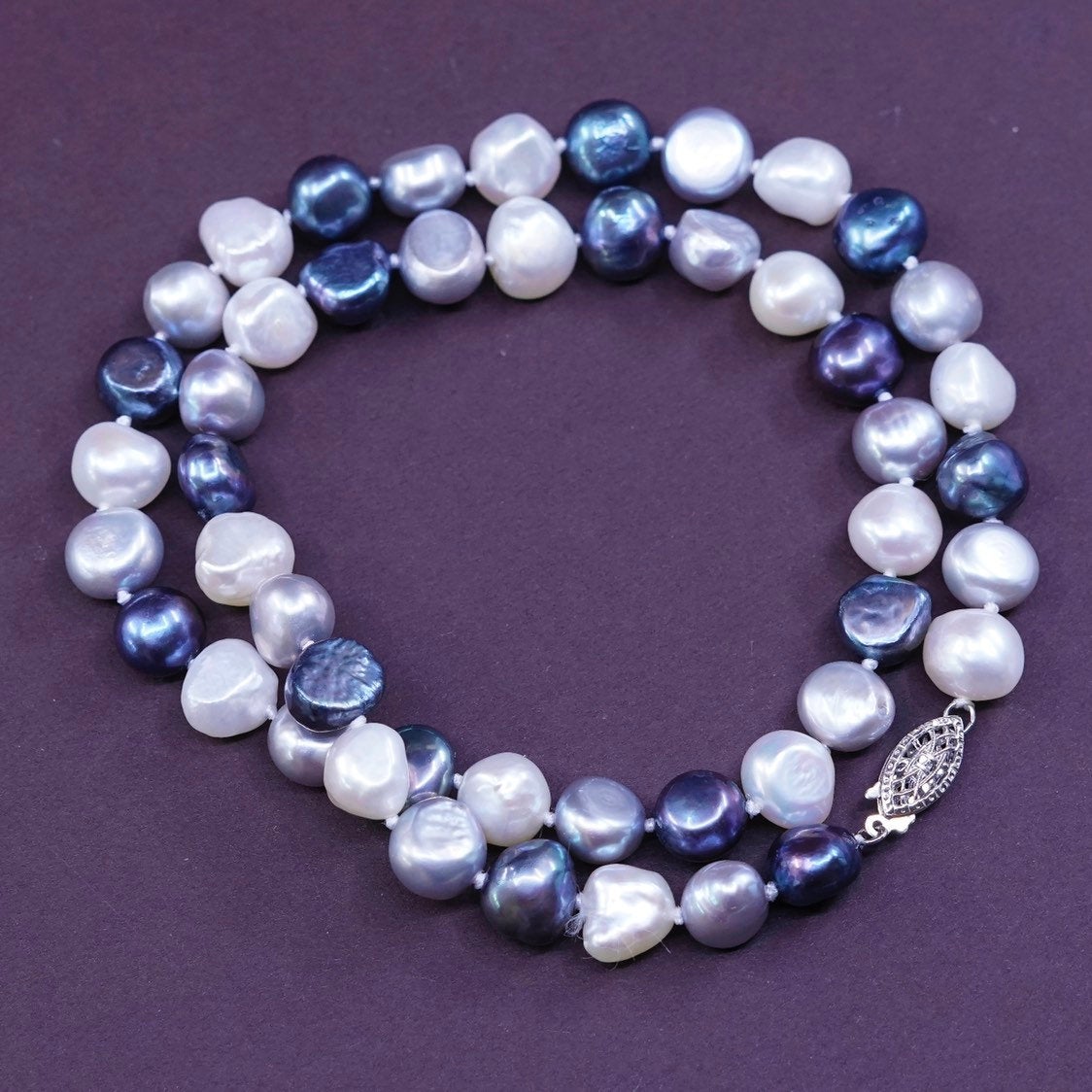 18", Sterling silver handmade necklace, 925 clasp w/ black white N gray pearl