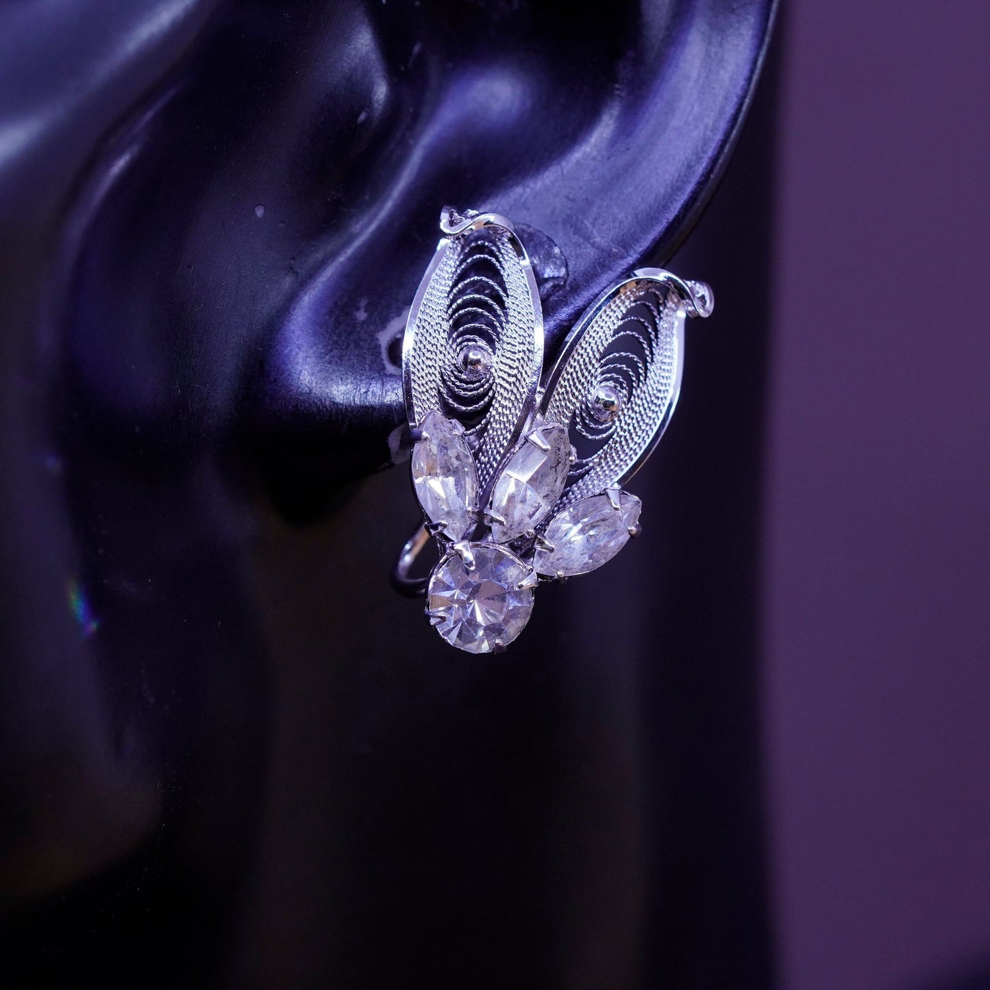 Sterling silver handmade screw back earrings, 925 floral filigree rhinestones