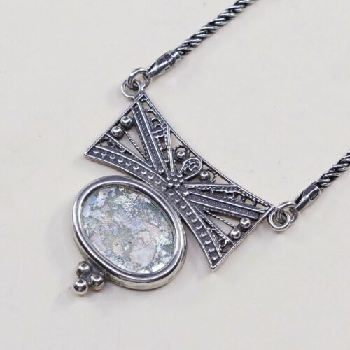 18” 2mm, Vtg 925 Sterling 925 Silver Twisted Snake chain Necklace W/ Roman Glass