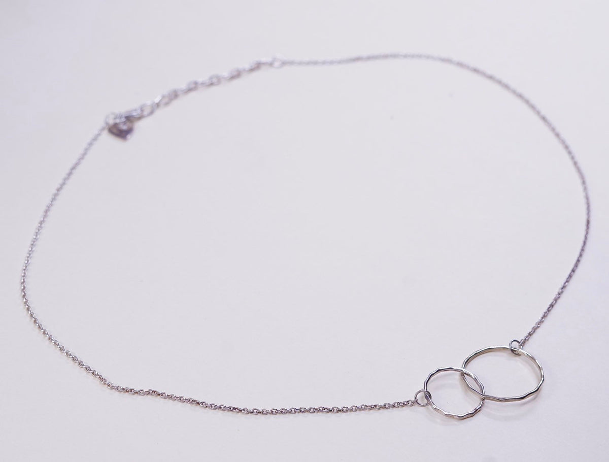 16”+2”, 1mm, sterling 925 silver necklace circle chain w/ double circle pendant