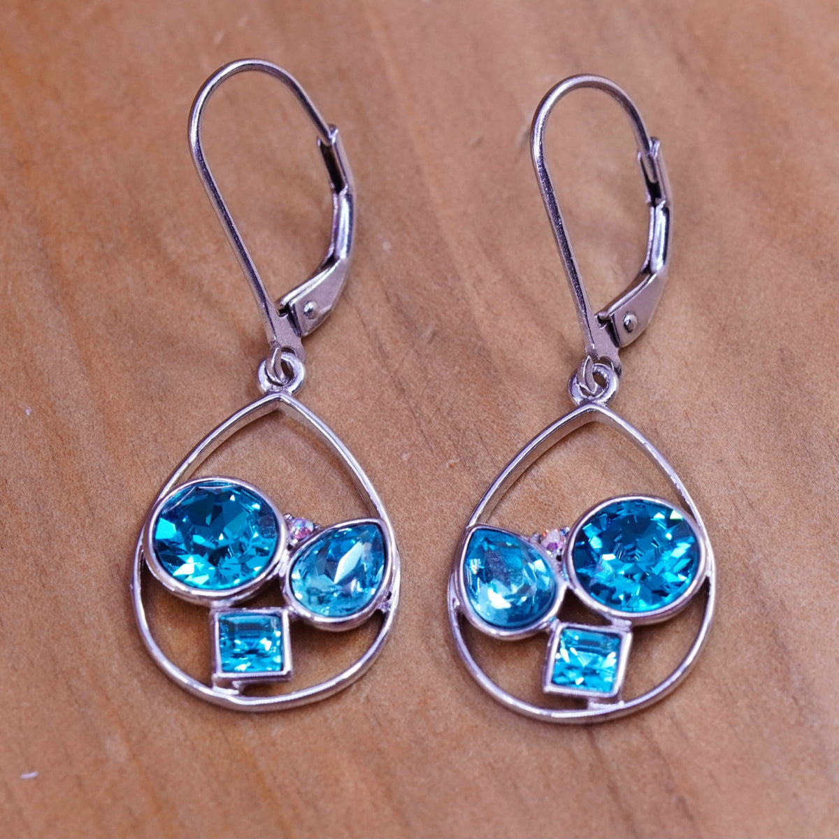 Vintage Sterling 925 silver handmade teardrop earrings with blue rhinestone