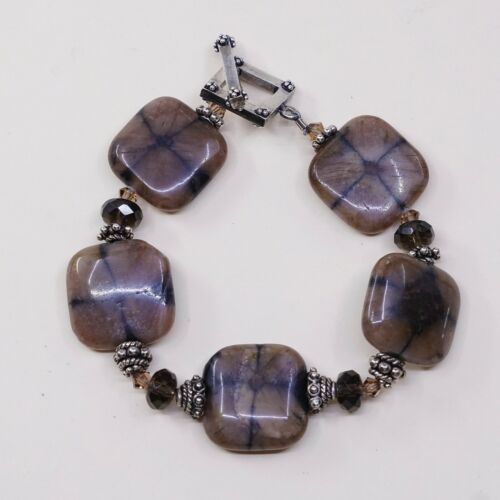 6.75”, Vintage Sterling Silver Handmade Bracelet, 925 Silver Toggle W/ Jasper