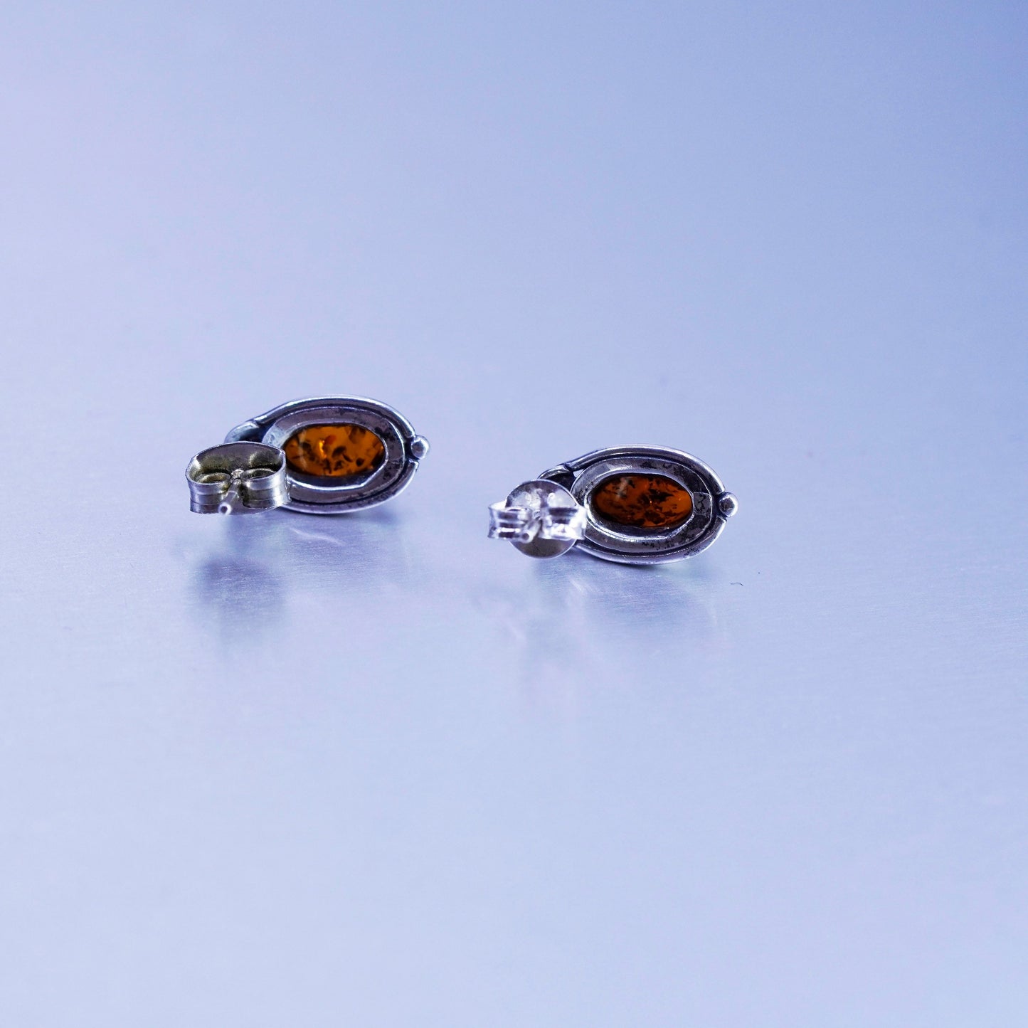 Vintage Sterling 925 silver handmade earrings, oval amber studs