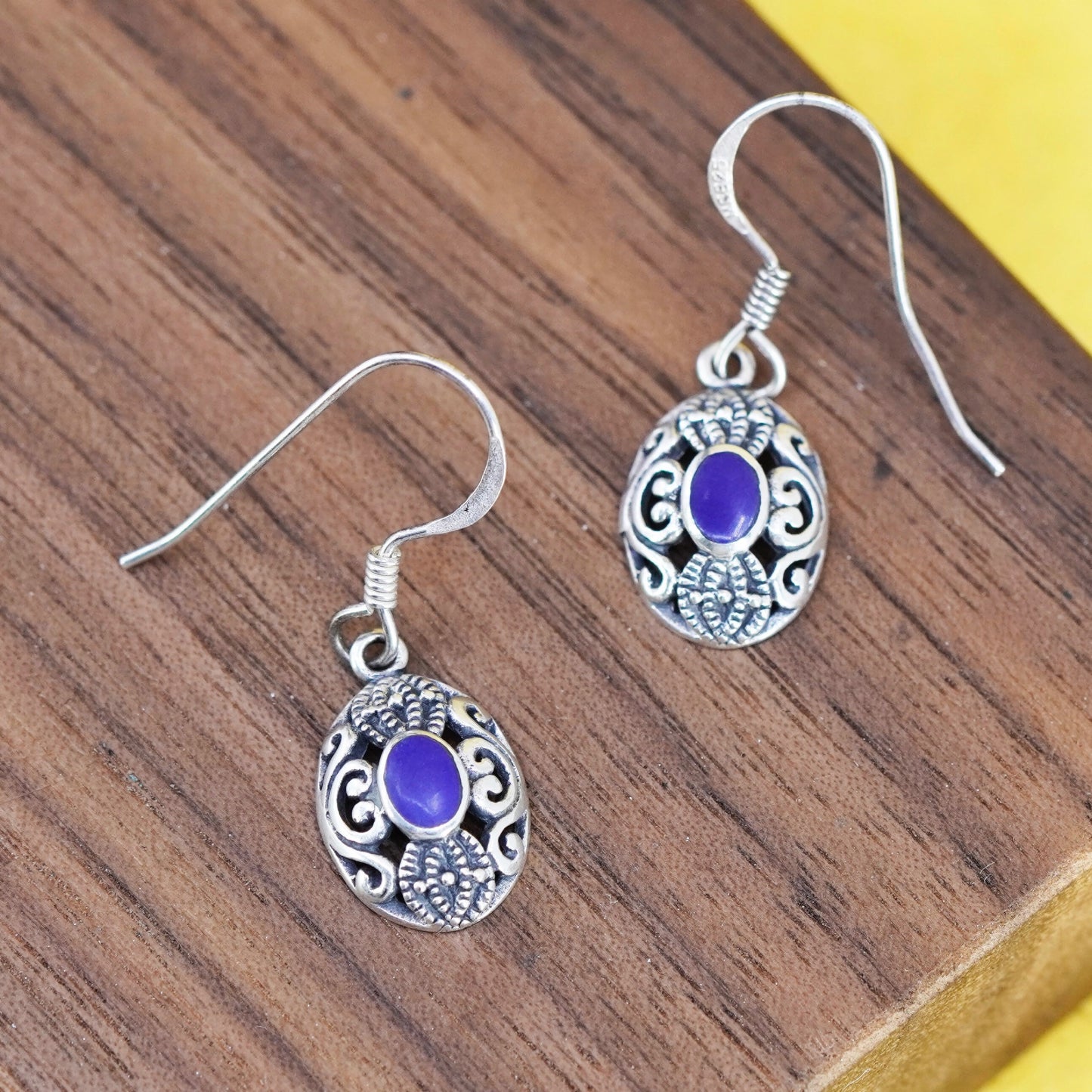 Vintage Sterling 925 silver handmade filigree oval earrings with blue onyx