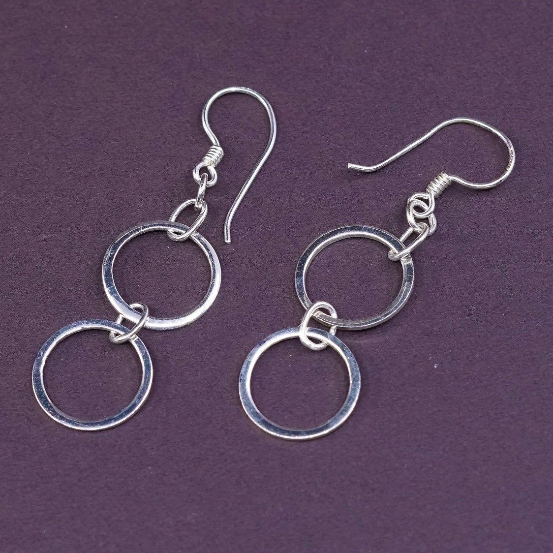 2” long, VTG Sterling silver handmade earrings, 925 double circles dangle