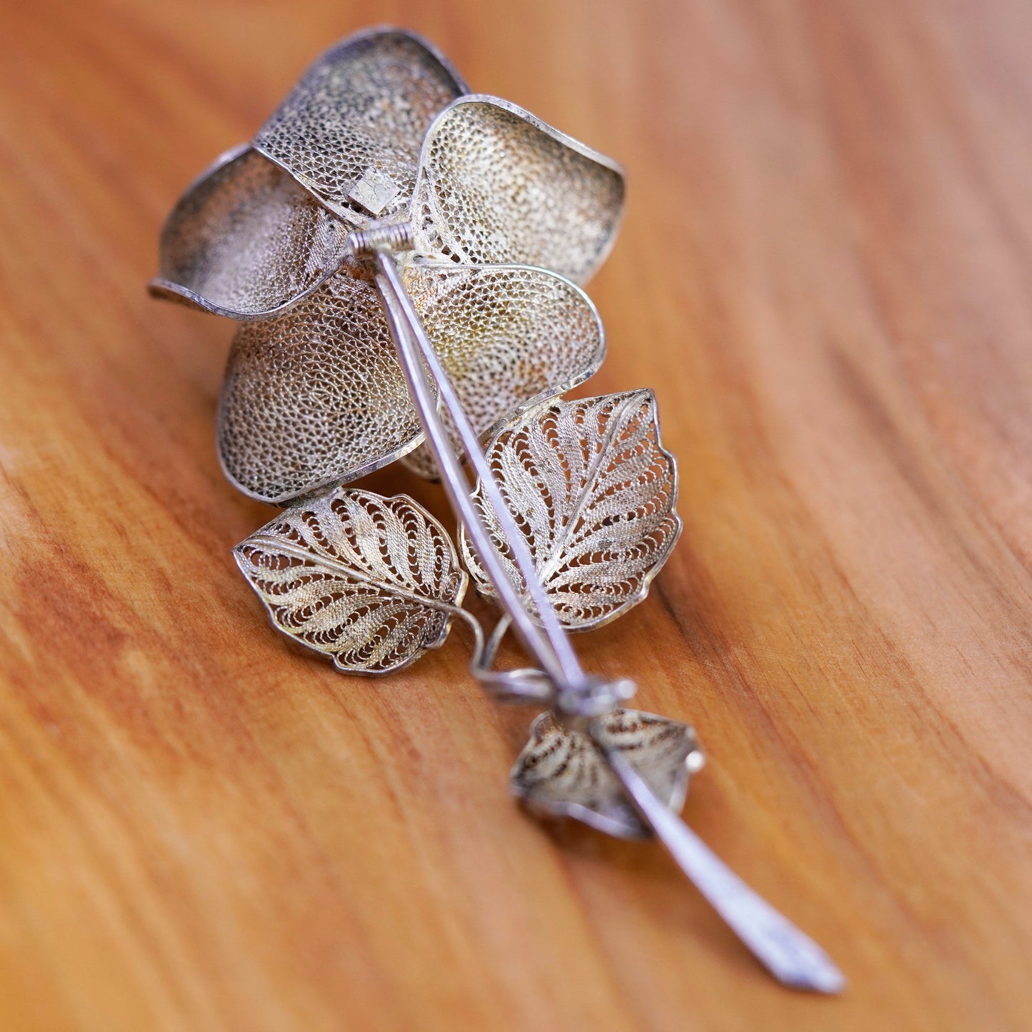 Vintage handmade Germany sterling 800 silver filigree flower floral brooch pin