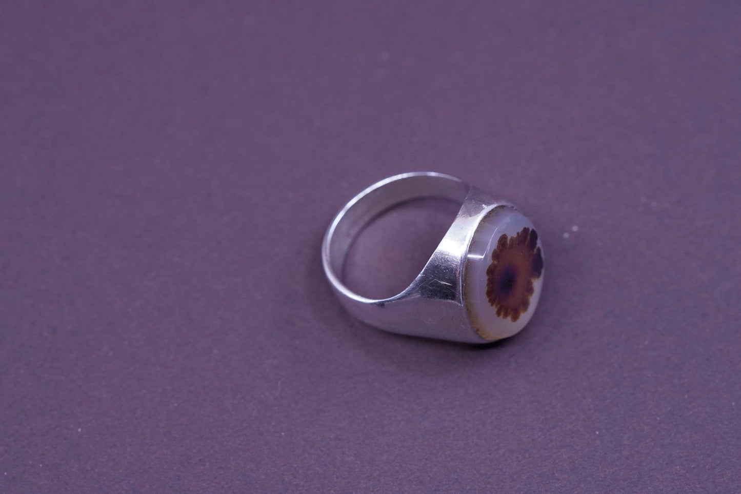 sz 11, vtg Sterling 925 silver handmade ring with wood pattern dendritic agate