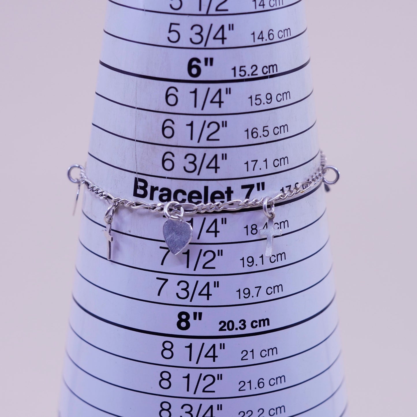 7”, Vintage sterling silver heart bracelet, 925 figaro chain heart cross charms