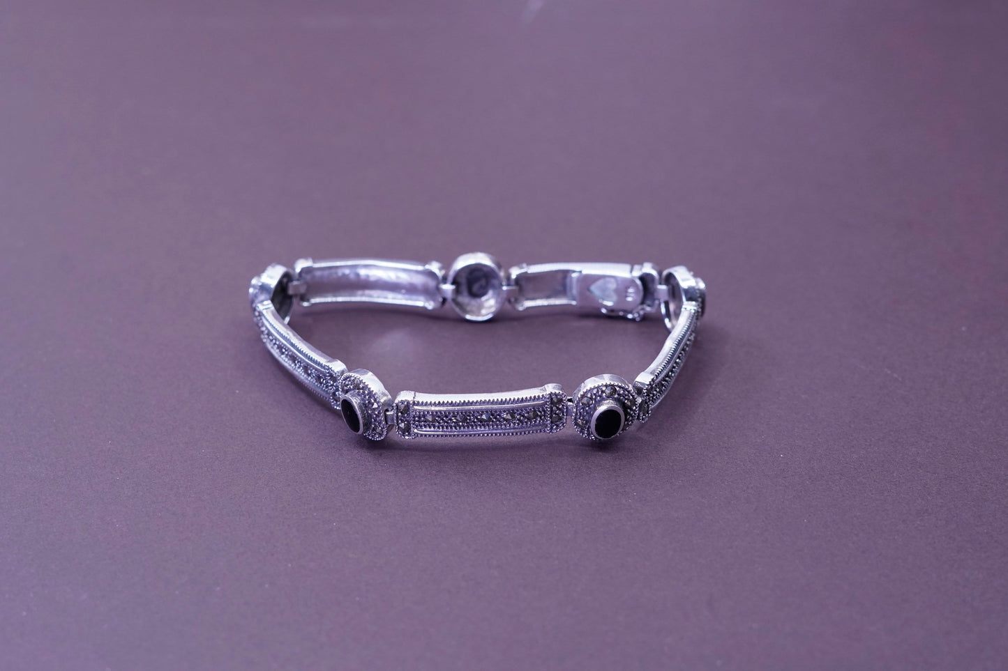 7.25”, Sterling silver bracelet, 925 tennis bracelet w/ marcasite obsidian