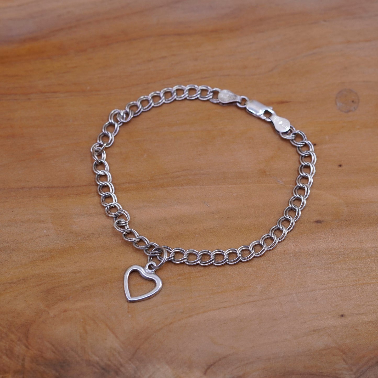 8”, Sterling silver handmade double curb chain, 925 bracelet heart charm