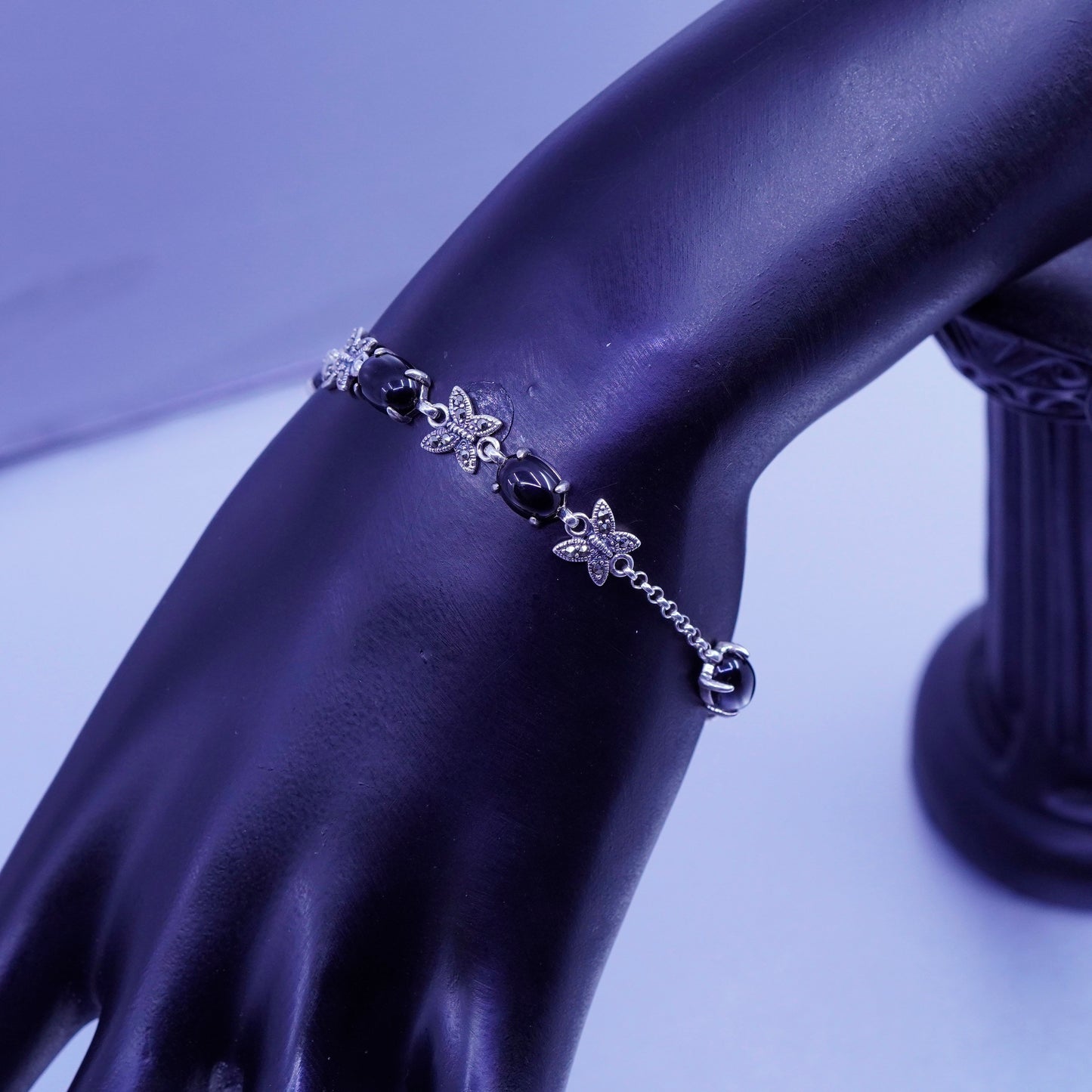 7”, MGS Sterling 925 silver bracelet with obsidian and marcasite butterfly