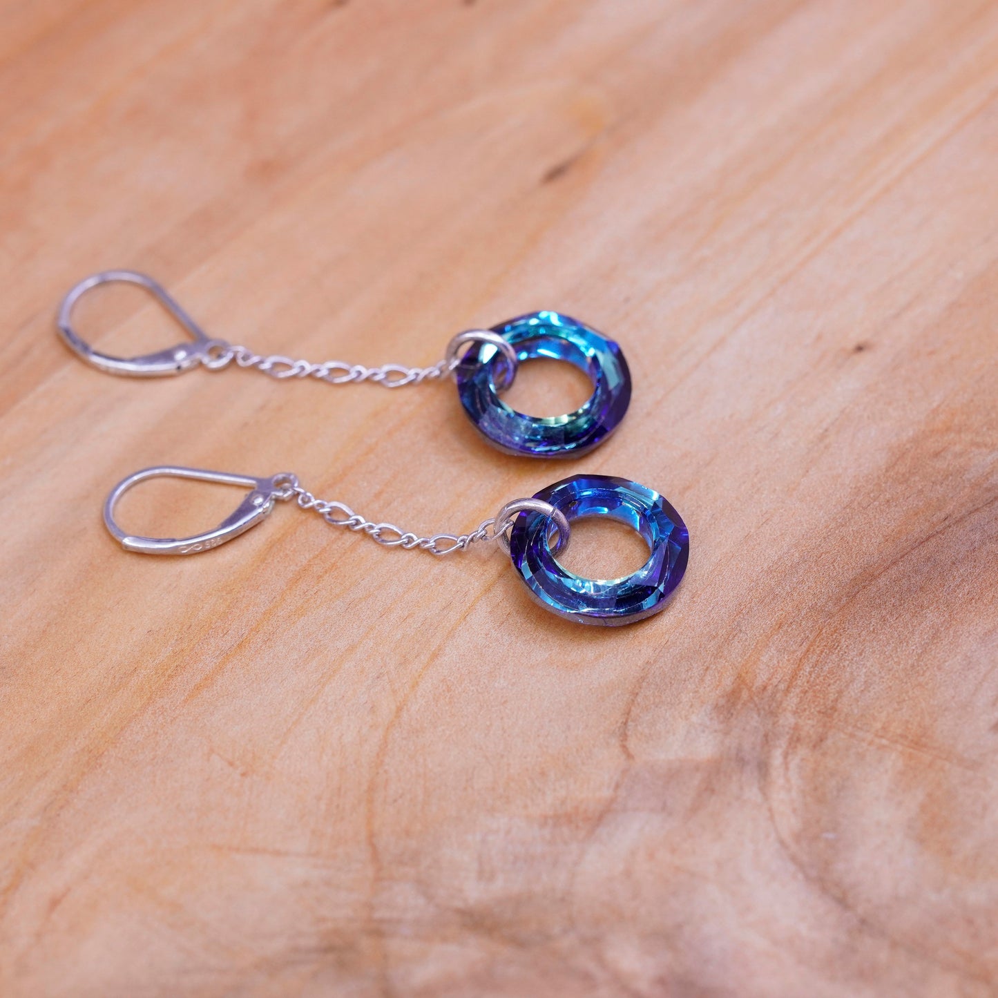 Vintage Sterling silver handmade earrings, 925 hooks with circle blue crystal
