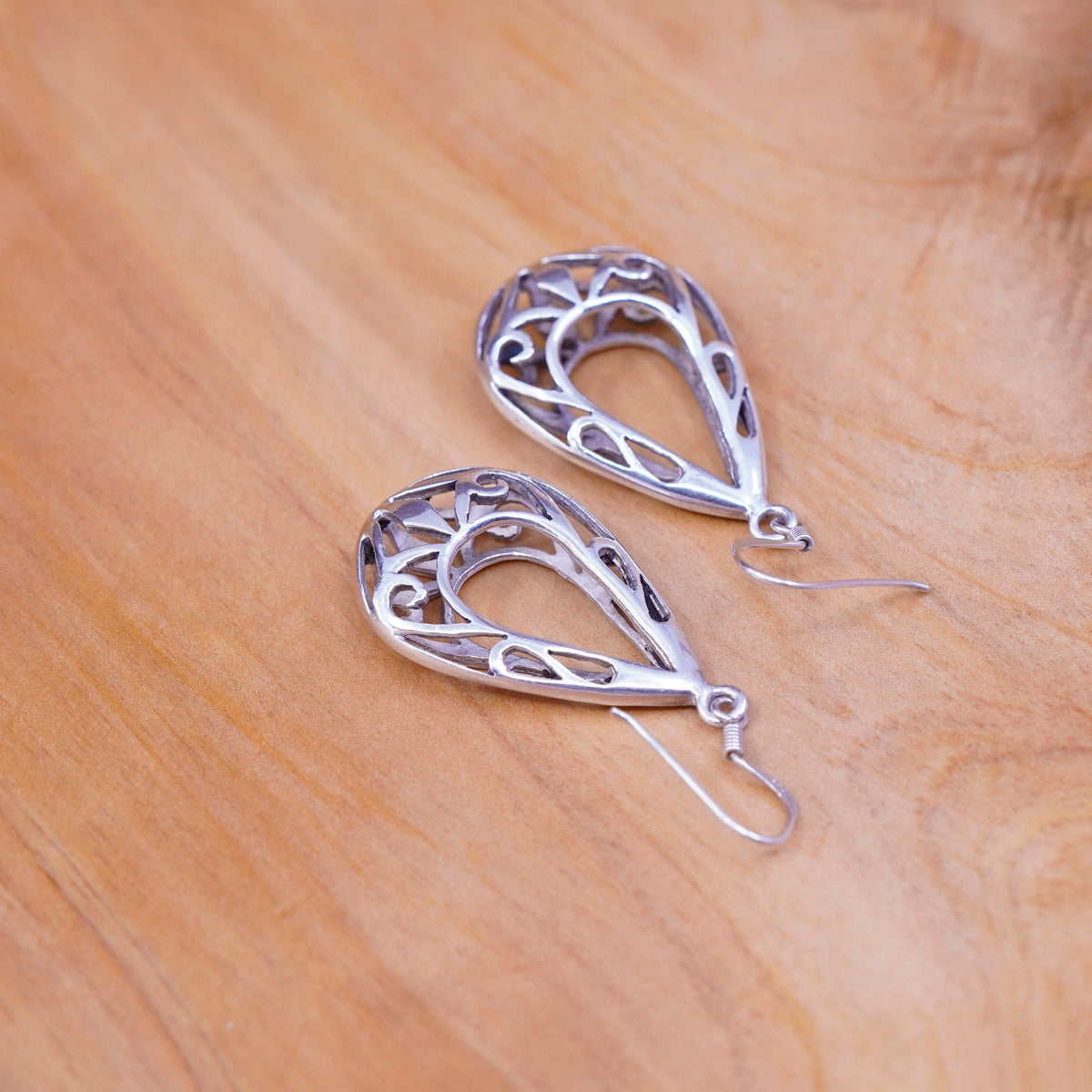 Vintage Sterling silver handmade earrings, 925 Bali Filigree teardrops