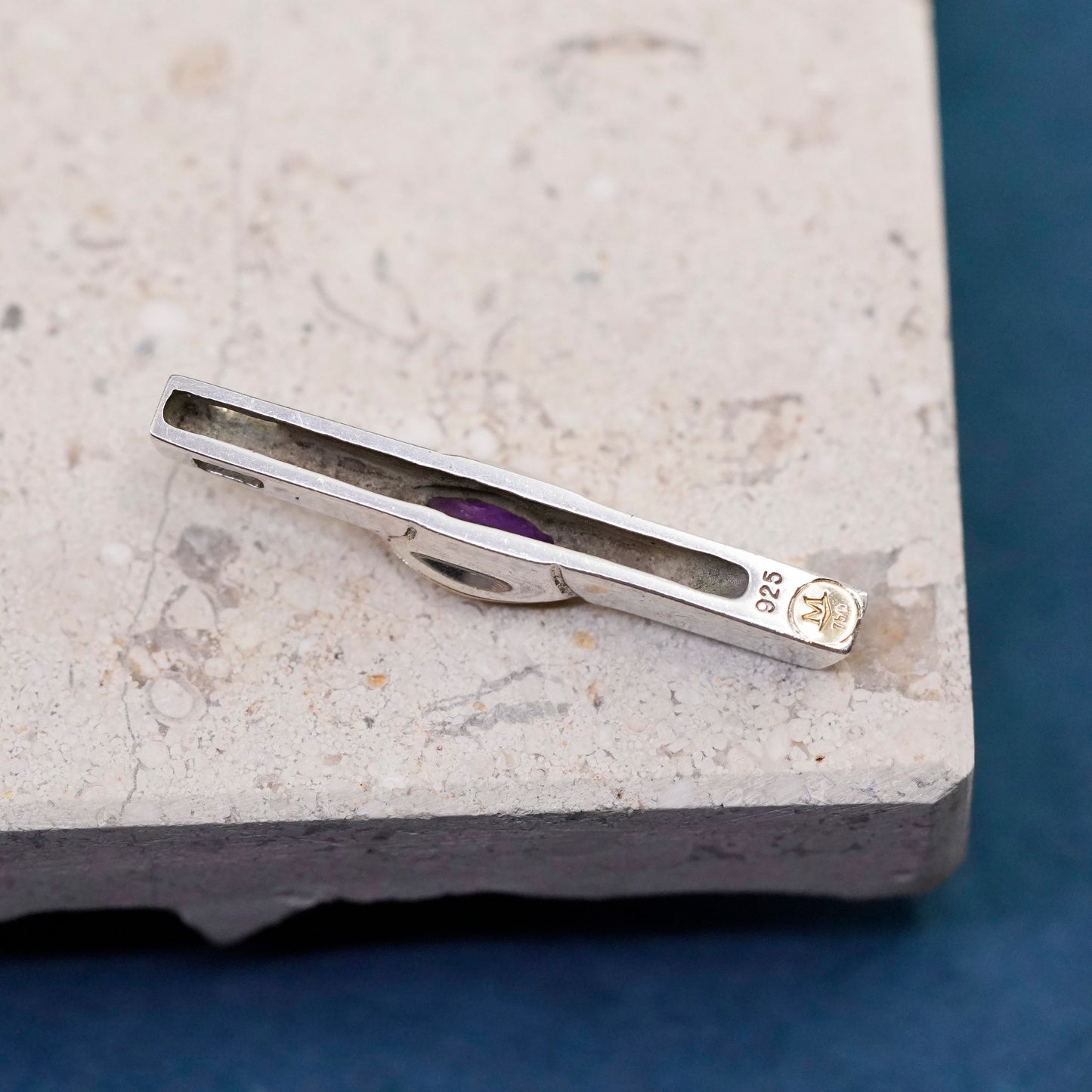 Movado 18K gold accent, sterling 925 silver handmade bar pendant with amethyst