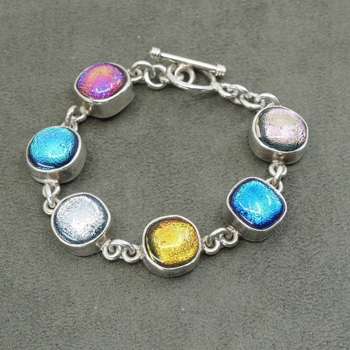 6.75", mexico Sterling 925 silver handmade bracelet w/ colorful foil glass bead