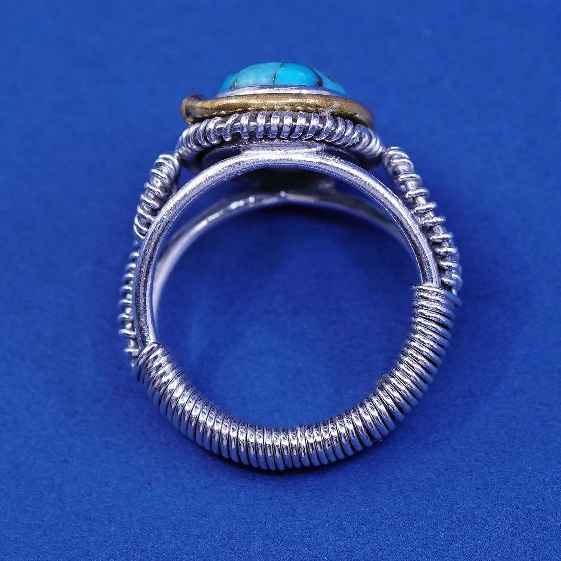 sz 8, vtg Sterling silver wired ring, Native American, 925 w/ Damele Turquoise