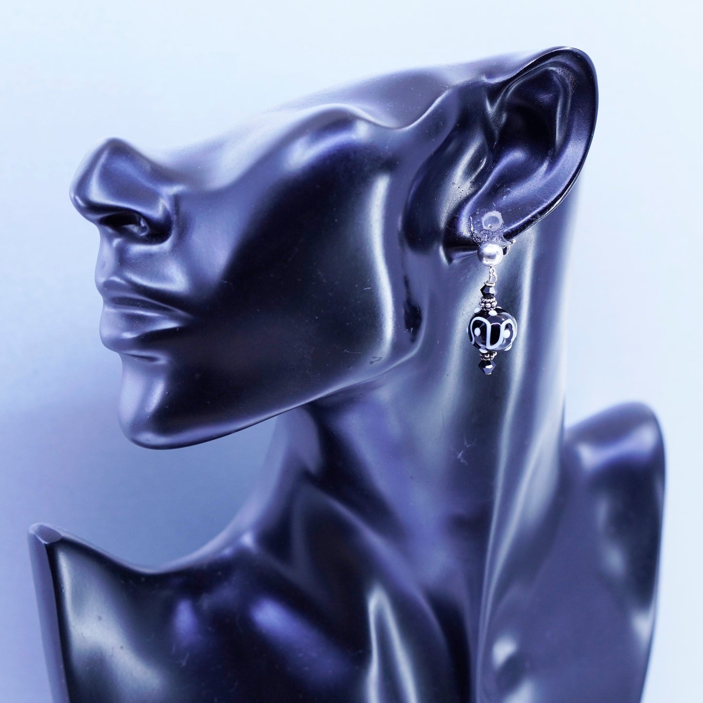 Italian sterling 925 silver earrings, authentic black artisan glass